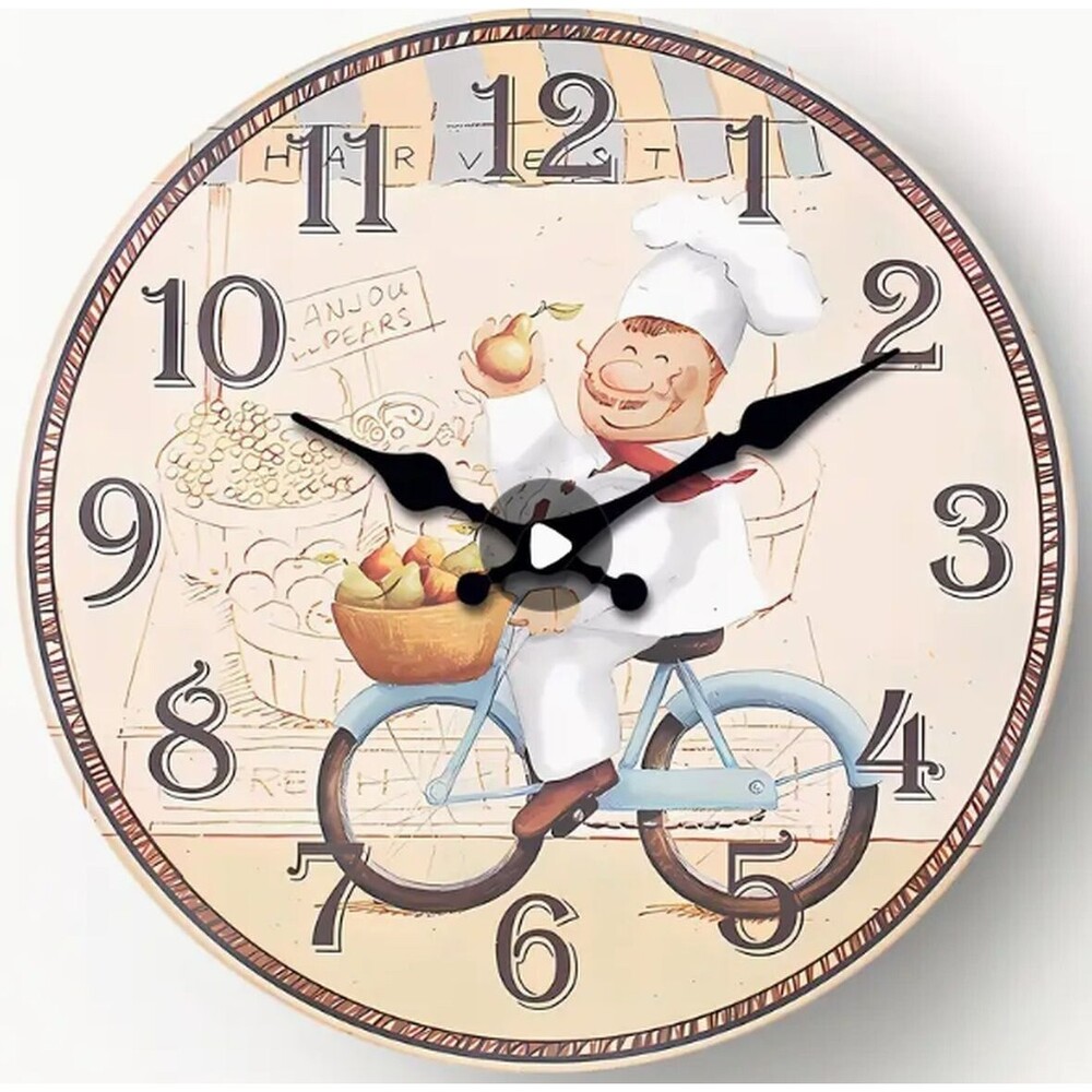 Kitchen Round Wall Wooden Clock (12" Dia.) FAT CHEF WITH BASKET OF PEARS ON BIKE